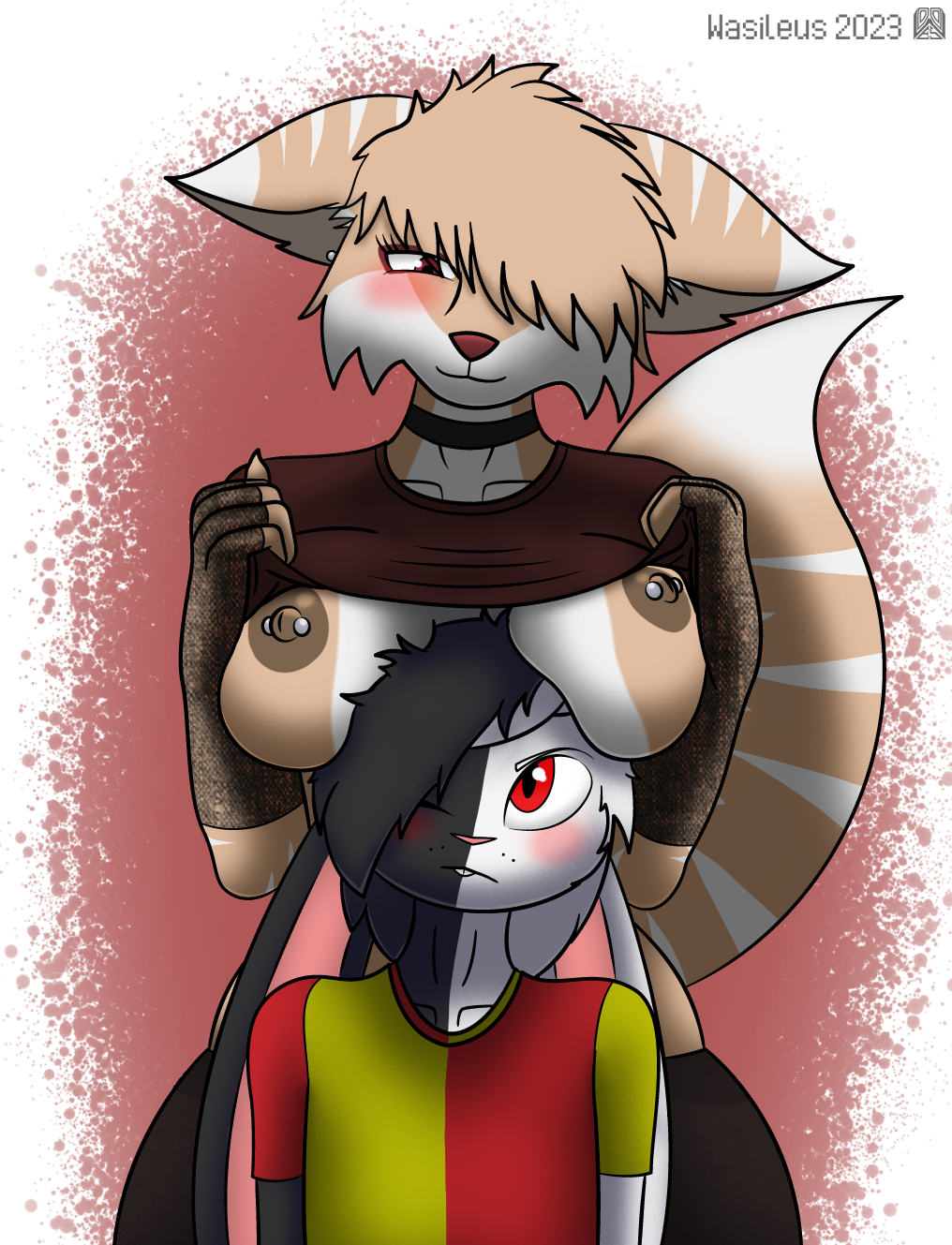 anthro big_breasts blush boob_hat breasts canid canine canis choker clothed clothing clothing_lift duo fan_character female fox hi_res hybrid jewelry lagomorph leporid male male/female mammal necklace nipple_piercing nipples piercing rabbit shaded shirt shirt_lift shorter_male smile soft_shading taller_female topwear wasileus wolf