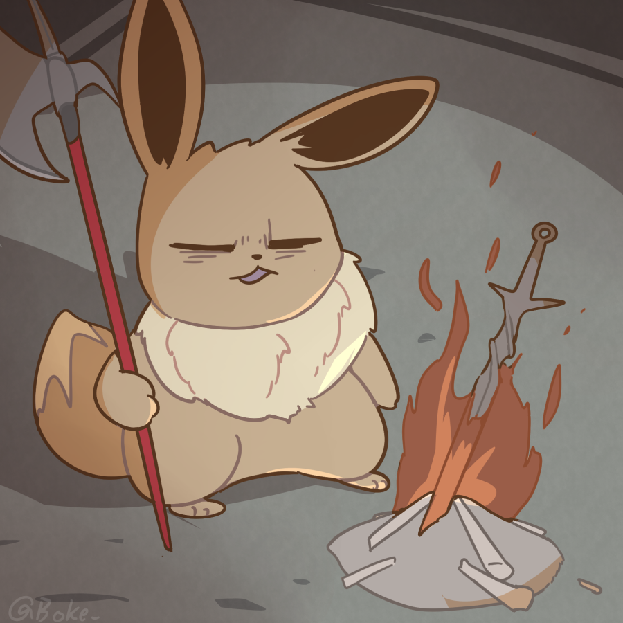 ambiguous_gender boke_(artist) bonfire dark_souls eevee eyes_closed feral fromsoftware generation_1_pokemon halberd melee_weapon nintendo open_mouth pokemon pokemon_(species) polearm solo standing weapon