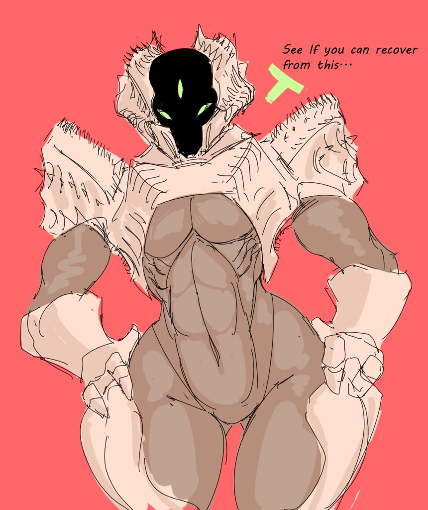 2021 3_eyes alien alien_humanoid arm_spikes armor athletic athletic_female biped breastplate breasts butt_from_the_front cleavage_cutout clothing colored_sketch destiny_(video_game) dialogue english_text exoskeleton featureless_crotch fecharis female gauntlets gloves green_eyes hands_on_hips handwear headgear helmet hive_(destiny) huge_hips humanoid looking_at_viewer multi_eye natural_armor not_furry pauldron portrait red_background shoulder_spikes simple_background sketch skimpy_armor solo spiked_armor spikes spikes_(anatomy) spookyboi standing talking_to_viewer tan_body tan_exoskeleton text thick_thighs three-quarter_portrait titan_(destiny) unconvincing_armor under_boob