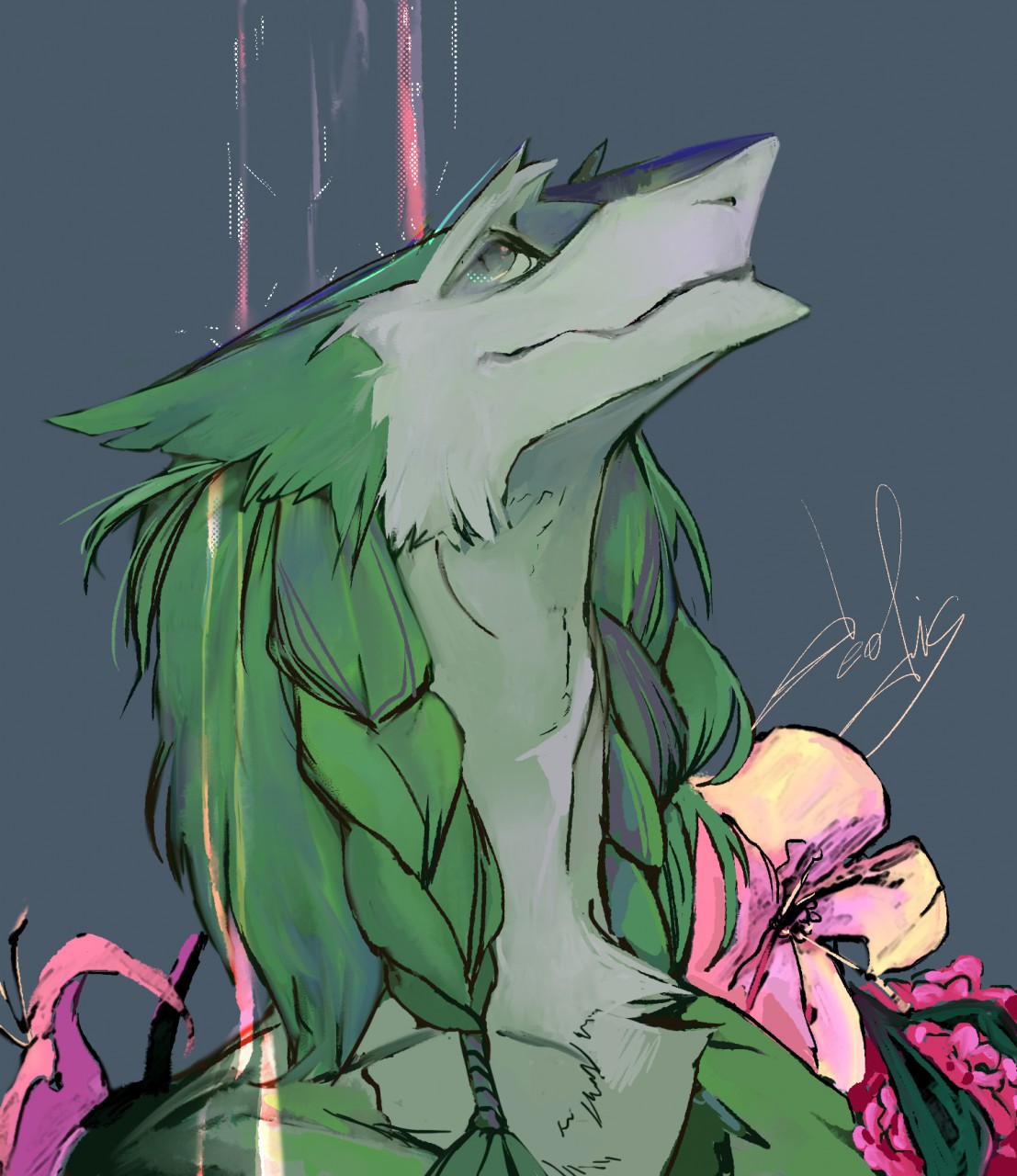 2019 akrolayn ambiguous_gender anthro braided_hair bust_portrait cheek_tuft countershading digital_media_(artwork) digital_painting_(artwork) facial_tuft flower fur green_body green_eyes green_fur grey_background grey_body grey_countershading grey_fur hair hi_res leaf leaking looking_up mammal multicolored_body multicolored_fur pigtails pink_flower plant portrait sergal signature simple_background solo tuft twin_braids two_tone_body two_tone_fur