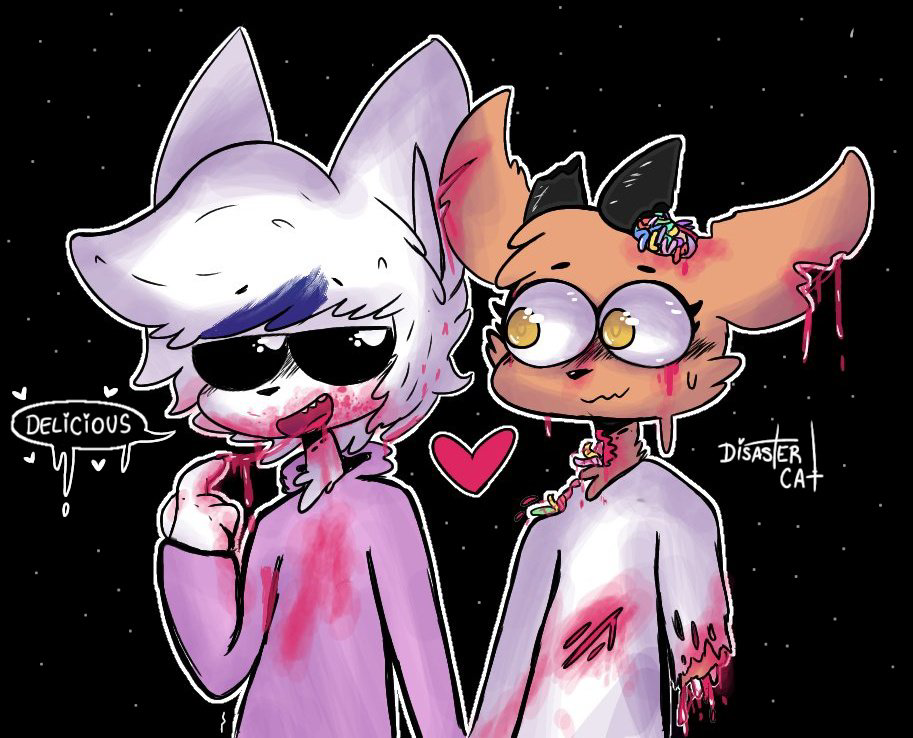 &lt;3 anthro bite_mark black_background black_sclera blood blood_in_mouth blood_on_clothing blood_on_hand blush blush_lines bodily_fluids bone candy_gore claw_marks clawed_fingers clothed clothing deer digital_media_(artwork) disastercat domestic_cat duo english_text exposed_bone eye_contact felid feline felis female food gore hair horn humanoid looking_at_another male male/female mammal missing_arm mutilation nick_(disastercat) olivia_sallow open_mouth pink_blood purple_clothing shirt simple_background smile teeth text tongue topwear white_clothing white_hair white_shirt white_topwear yellow_eyes