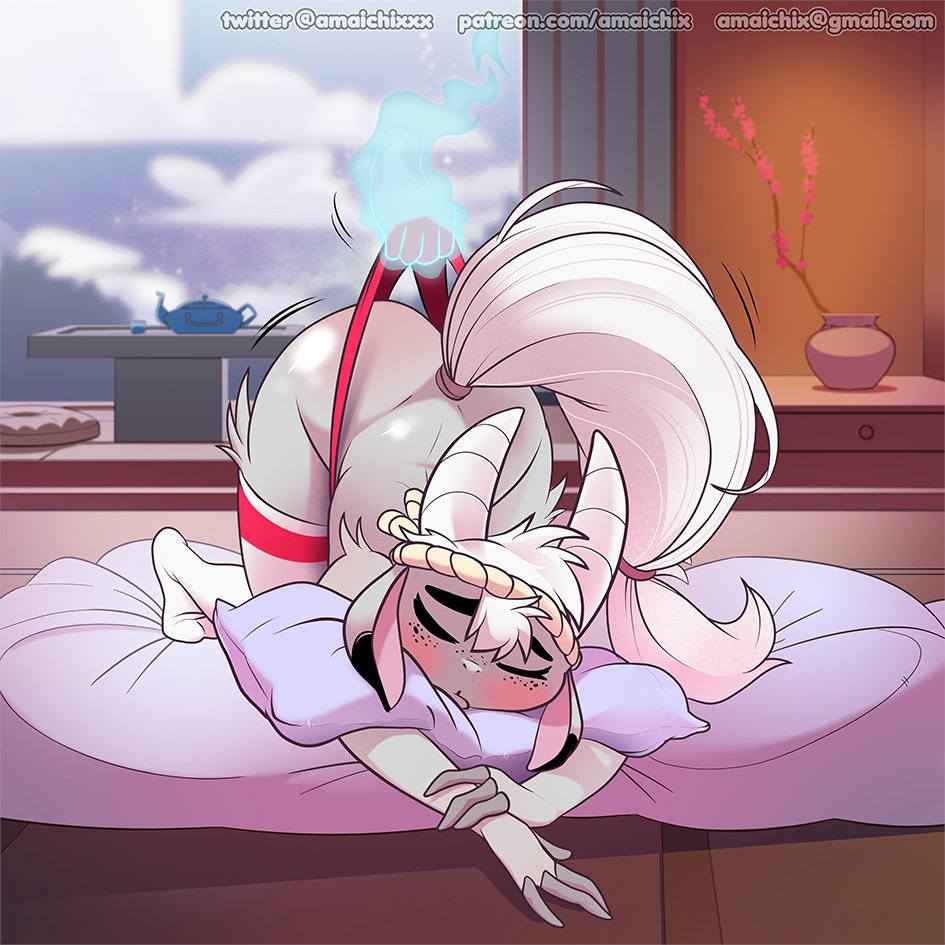 amaichix anthro ass_up blush bovid caprine clothing female goat magic_hands mammal qingjiu_(diives) sleep_molestation sleeping solo tired underwear xingzuo_temple