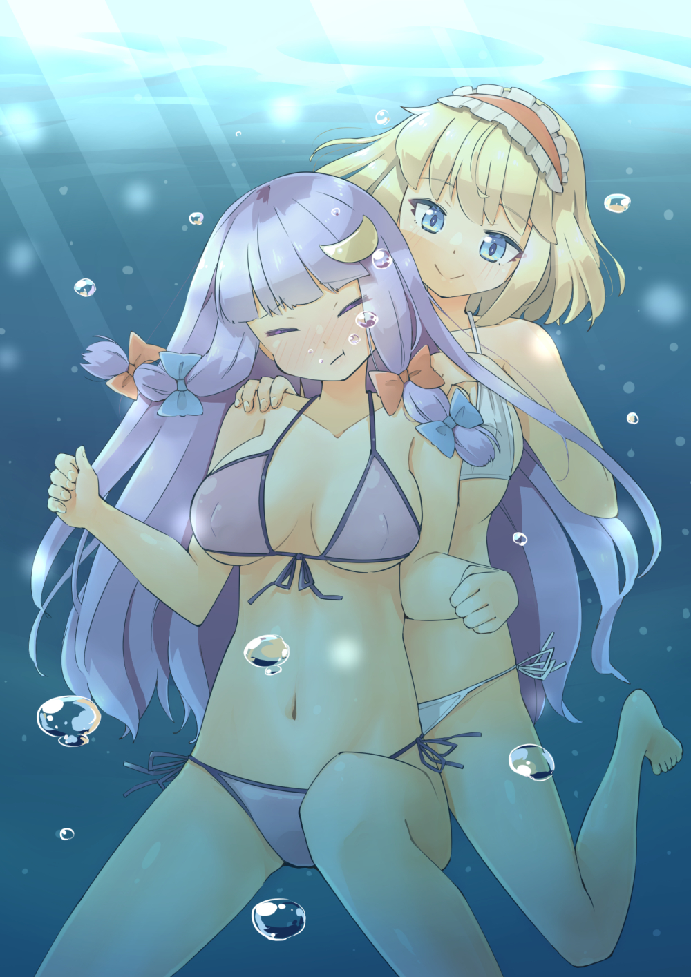 2girls air_bubble alice_margatroid arnest bad_anatomy bad_leg bare_arms bare_legs bare_shoulders bikini blonde_hair blue_bow blue_eyes blush bow breasts bubble closed_eyes closed_mouth collarbone commission crescent crescent_hair_ornament hair_bow hair_ornament hairband highres large_breasts lolita_hairband long_hair multiple_girls navel patchouli_knowledge purple_bikini purple_hair red_bow red_hairband short_hair sidelocks skeb_commission smile swimsuit touhou underwater white_bikini