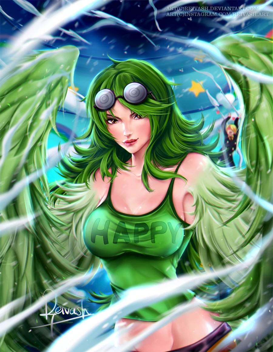 1boy 1girl artist_name bare_shoulders blonde_hair clothes_writing coke-bottle_glasses crop_top english_commentary english_text eyewear_on_head feathered_wings feathers glasses green_hair green_tank_top green_wings harpy heart heart-shaped_eyes javier_estrada long_hair monet_(one_piece) monster_girl one_piece realistic sanji_(one_piece) short_hair size_difference smile star_(symbol) tank_top web_address winged_arms wings yellow_eyes