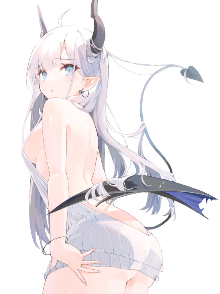 1girl ahoge ass bad_hands blue_eyes breasts demon_tail earrings horns jewelry looking_at_viewer low_wings meme_attire original pointy_ears ringo_amei sideboob simple_background solo standing tail thea_(nekojira) virgin_killer_sweater white_background white_hair wings