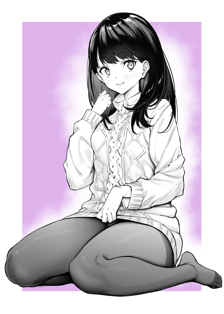 1girl aran_sweater cable_knit commentary_request full_body greyscale_with_colored_background gridman_universe hand_up highres long_hair long_sleeves looking_at_viewer monochrome mushi024 pantyhose parted_lips purple_background sitting smile solo ssss.gridman sweater takarada_rikka wariza