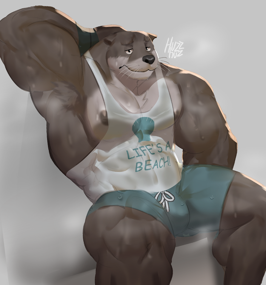 anthro black_nose bodily_fluids clothed clothing echo_(series) echo_project huzzhuz male mammal muscular muscular_anthro muscular_male mustelid nipples otter pecs solo sweat the_smoke_room todd_bronson wet wet_clothing