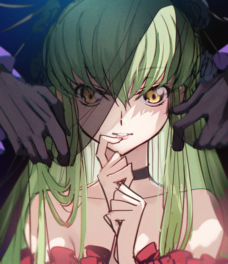 breasts c.c. cleavage clenched_hand collarbone creayus dress green_hair long_bangs long_hair looking_at_viewer open_mouth red_dress solo_focus veil yellow_eyes