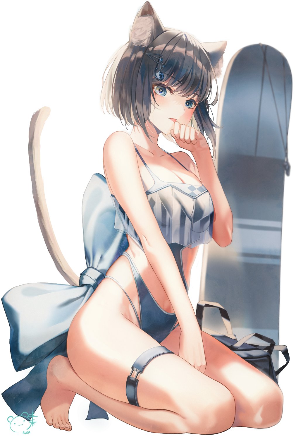 1girl animal_ears bag bare_arms bare_legs bare_shoulders barefoot black_hair black_one-piece_swimsuit blue_eyes bow breasts cat_ears cat_girl cat_tail cleavage clothing_cutout crop_top crop_top_overhang feet hair_ornament hairclip hand_up highleg highleg_swimsuit highres kneeling legs licking licking_hand looking_at_viewer medium_breasts one-piece_swimsuit original ruda_(ruda_e) see-through short_hair side_cutout simple_background solo spaghetti_strap surfboard swimsuit tail tail_raised thigh_strap thighs white_background