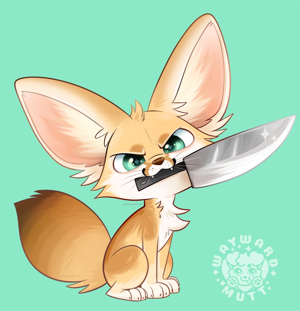 ambiguous_gender big_ears canid canine evil_grin fennec feral fox knife knife_in_mouth looking_at_viewer mammal object_in_mouth paws smile solo teeth ward watermark waywardmutt whiskers