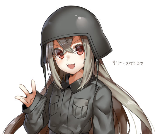 1girl breast_pocket combat_helmet crossed_bangs eiri_(eirri) hair_between_eyes helmet long_hair looking_at_viewer military_uniform open_mouth original pocket red_eyes shirt sidelocks simple_background sleeves_past_wrists smile soldier solo uniform upper_body waving white_background