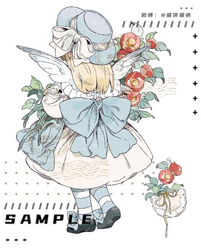1girl angel_wings artist_name back_bow black_footwear blonde_hair blue_bow blue_headwear blue_pantyhose bouquet bow bowtie child collar dated dress feathered_wings flower flower_request footwear_bow frilled_collar frills from_behind full_body hat hat_bow holding holding_bouquet leaf long_sleeves maobing_maobing mary_janes medium_dress medium_hair original pantyhose petticoat puffy_long_sleeves puffy_sleeves red_flower sample_watermark shoes solo stamp_mark straight_hair striped striped_pantyhose two-tone_pantyhose watermark white_background white_bow white_collar white_dress white_pantyhose white_wings wings yellow_bow yellow_bowtie