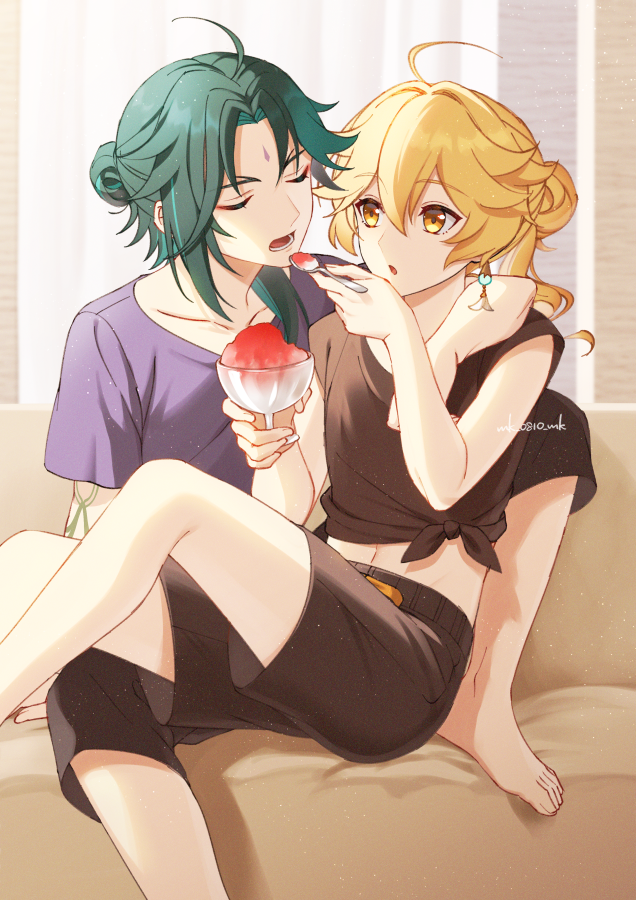 2boys :o aether_(genshin_impact) ahoge ar_(rikuesuto) arm_tattoo bare_legs barefoot black_shorts blonde_hair closed_eyes crop_top earrings feeding feet food genshin_impact green_hair hair_between_eyes hair_bun holding holding_spoon jewelry long_hair male_focus midriff multicolored_hair multiple_boys navel open_mouth purple_shirt shared_food shaved_ice shirt short_hair short_sleeves shorts single_hair_bun spoon stomach t-shirt tattoo toes xiao_(genshin_impact) yaoi yellow_eyes