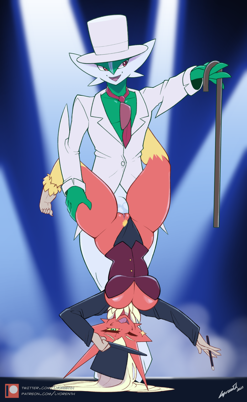 2023 anthro blaziken breasts cane clothing duo female gallade generation_3_pokemon generation_4_pokemon genitals green_eyes hanako_(lyorenth-the-dragon) hat headgear headwear hi_res humanoid leotard looking_at_viewer lyorenth-the-dragon male male/female necktie nintendo one_eye_closed open_mouth penetration pokemon pokemon_(species) pubes pussy red_body red_eyes top_hat trapeze_position upside_down vaginal vaginal_penetration wand