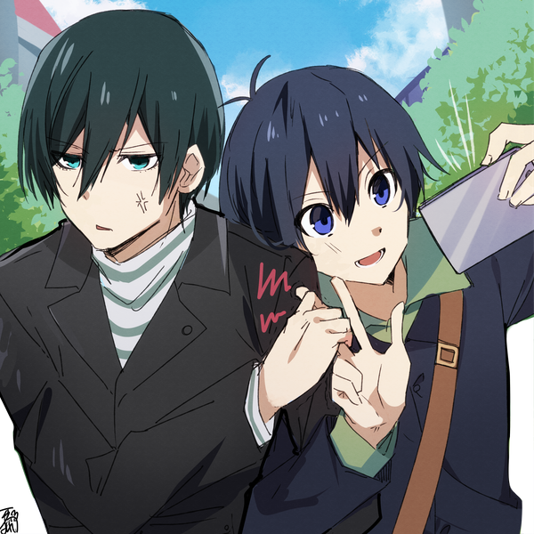 2boys :d anger_vein antenna_hair black_hair black_jacket blue_eyes blue_lock cellphone collared_shirt day green_eyes green_hair green_shirt hair_between_eyes holding holding_finger holding_phone isagi_yoichi itoshiki_rin jacket male_focus multiple_boys omuretsu outdoors parted_lips phone selfie shirt smile striped striped_shirt upper_body v