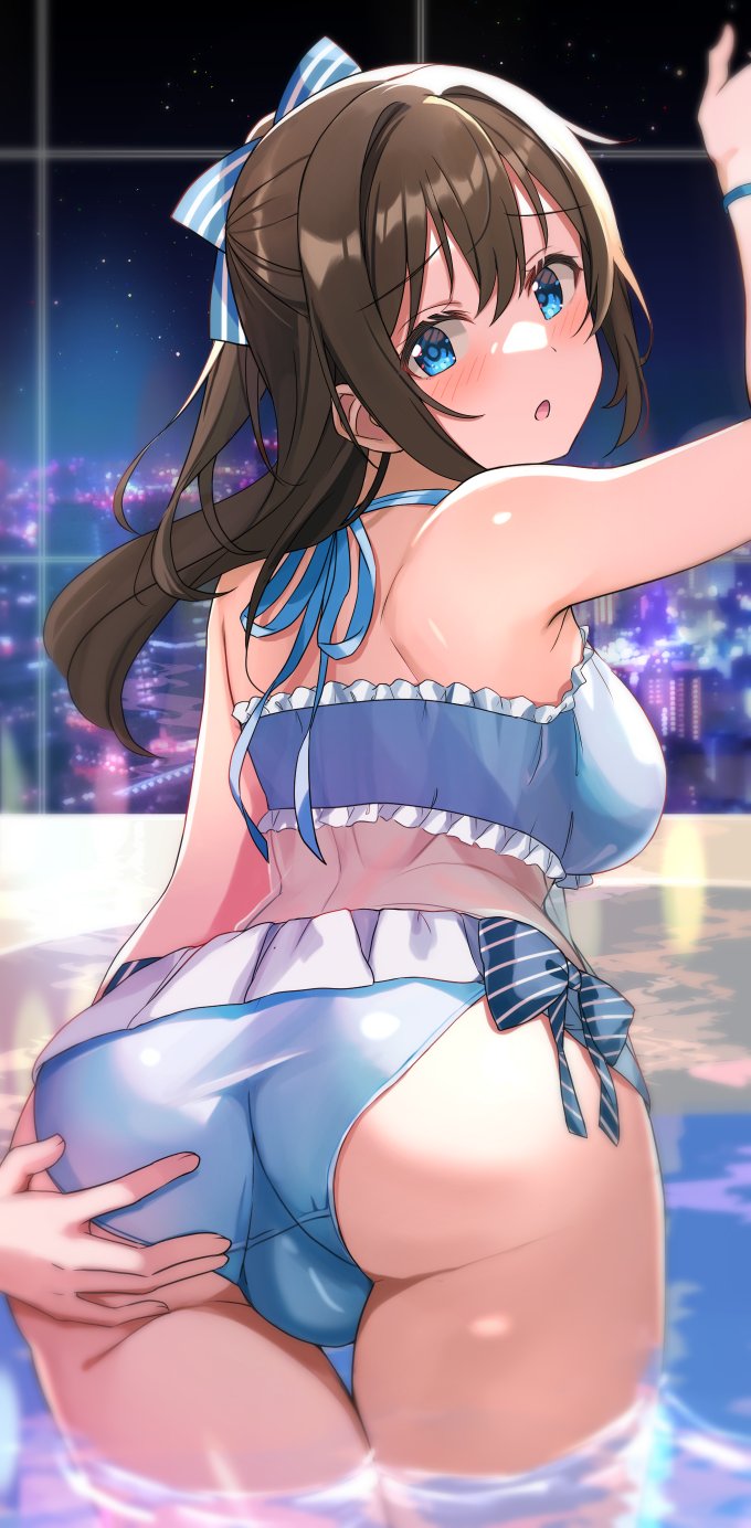 1girl ass ass_grab bikini blue_eyes blush bow brown_hair grabbing_own_ass hair_between_eyes hair_bow hair_ornament highres long_hair looking_at_viewer love_live! love_live!_nijigasaki_high_school_idol_club open_mouth ousaka_shizuku ponytail poolside ribbon shiitake_taishi solo swimsuit thighhighs water