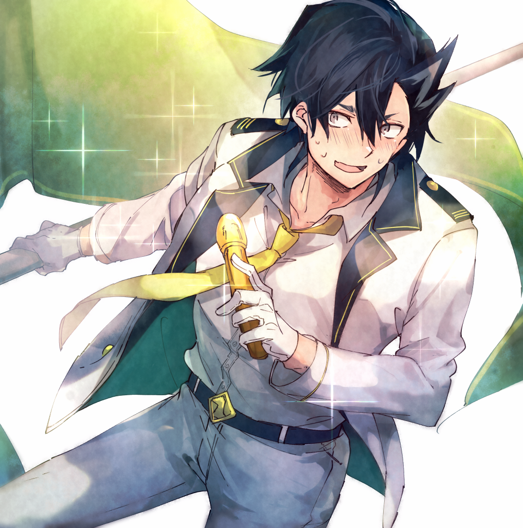 1boy alternate_costume belt belt_buckle black_belt black_hair buckle collarbone collared_shirt fate/grand_order fate_(series) flag gloves grey_eyes holding holding_microphone idol jacket male_focus mandricardo_(fate) microphone multicolored_hair necktie open_clothes open_jacket open_mouth pants shirt short_hair solo streaked_hair sweatdrop tumikilondon5 white_gloves white_jacket white_pants white_shirt yellow_necktie