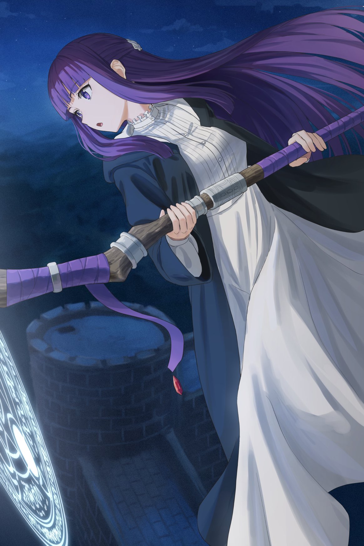 1girl black_robe blunt_bangs castle commentary dress fern_(sousou_no_frieren) floating from_side highres holding holding_staff kamo_ashi long_dress long_hair looking_afar looking_to_the_side magic_circle midair night night_sky open_mouth outdoors purple_eyes purple_hair robe sky solo sousou_no_frieren staff white_dress