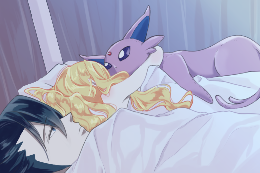 1boy 1girl 500_dollar_four_foot_tall_mareep_(meme) blonde_hair blue_eyes blue_hair caitlin_(pokemon) cdnagi commentary_request couple derivative_work espeon grimsley_(pokemon) hetero hug indoors long_hair meme nude pillow pokemon pokemon_(creature) pokemon_(game) pokemon_bw shared_blanket short_hair sleeping stuffed_toy under_covers