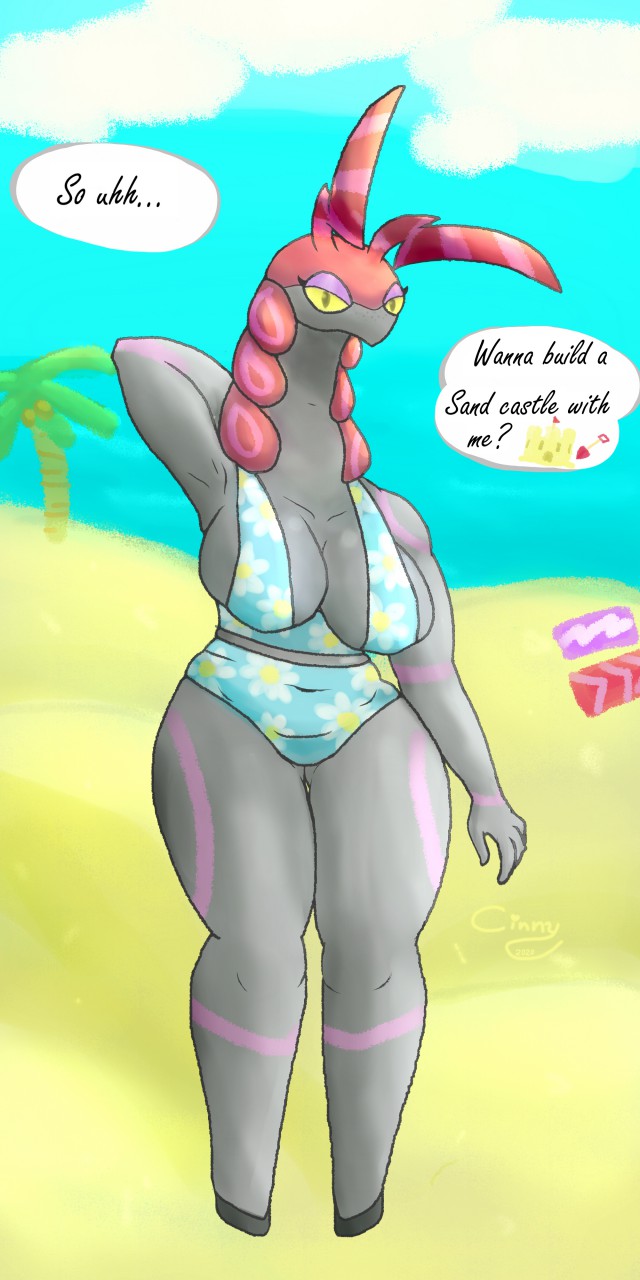 1:2 antennae_(anatomy) anthro anthrofied arthropod beach big_breasts blue_clothing blue_swimwear blush breasts clothing dialogue english_text eyelashes eyeshadow female flying_afro generation_5_pokemon grey_body hand_behind_head hi_res looking_at_viewer makeup navel_outline nintendo non-mammal_breasts pokemon pokemon_(species) pokemorph purple_eyeshadow sand scolipede seaside solo swimwear talking_to_viewer text thick_thighs wide_hips yellow_sclera