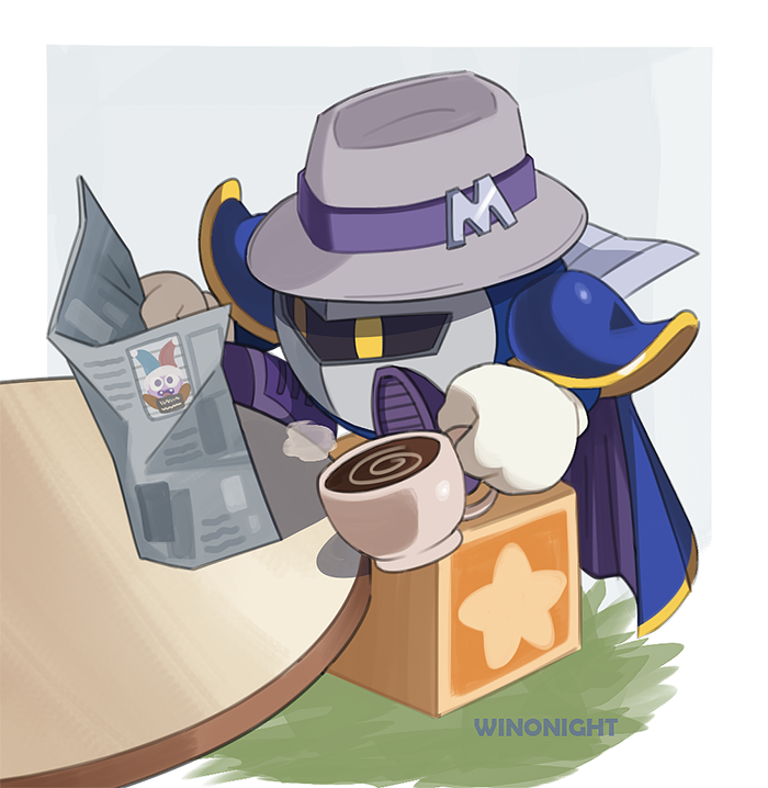 artist_name blue_cape cape coffee_cup commentary cube cup disposable_cup english_commentary epaulettes full_body grey_background grey_headwear holding holding_cup kirby_(series) marx_(kirby) meta_knight newspaper no_humans purple_footwear sitting solo star_(symbol) winonight yellow_eyes