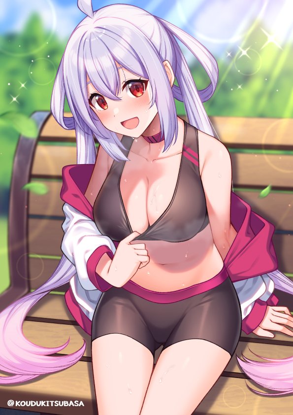 1girl ahoge alternate_costume bare_shoulders bench bike_shorts black_shirt black_shorts blurry bokeh breasts choker cleavage clothes_pull commission crop_top day depth_of_field gradient_hair hair_rings heavy_breathing jacket kouzuki_tsubasa_(musou_kaidou) large_breasts light_rays long_hair long_sleeves looking_at_viewer matoi_(pso2) midriff multicolored_hair navel off_shoulder open_clothes open_jacket open_mouth outdoors park_bench phantasy_star phantasy_star_online_2 pink_hair pulled_by_self red_choker red_eyes shirt shirt_pull short_shorts shorts sidelocks sitting skeb_commission sleeveless sleeveless_shirt smile solo sports_bra stomach sunbeam sunlight sweat thighs twintails very_long_hair white_hair white_jacket