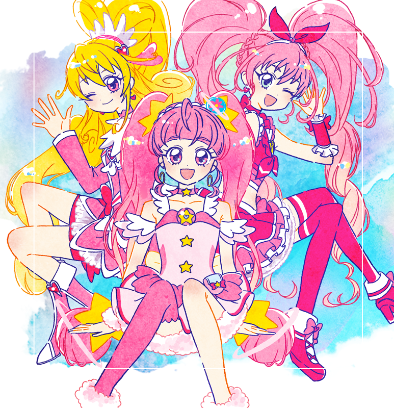 3girls :d ahoge aida_mana blonde_hair blue_eyes boots bow brooch choker cure_heart cure_melody cure_star dokidoki!_precure dress earrings eyelashes frills hair_ornament hand_up heart heart_brooch heart_hair_ornament high_ponytail hoppetoonaka3 hoshina_hikaru houjou_hibiki jewelry long_hair looking_at_viewer magical_girl midriff multiple_girls open_mouth pink_bow pink_choker pink_dress pink_eyes pink_hair pink_skirt pink_sleeves pink_thighhighs planet_hair_ornament ponytail precure ribbon simple_background single_thighhigh skirt smile star_(symbol) star_choker star_hair_ornament star_twinkle_precure suite_precure thighhighs twintails