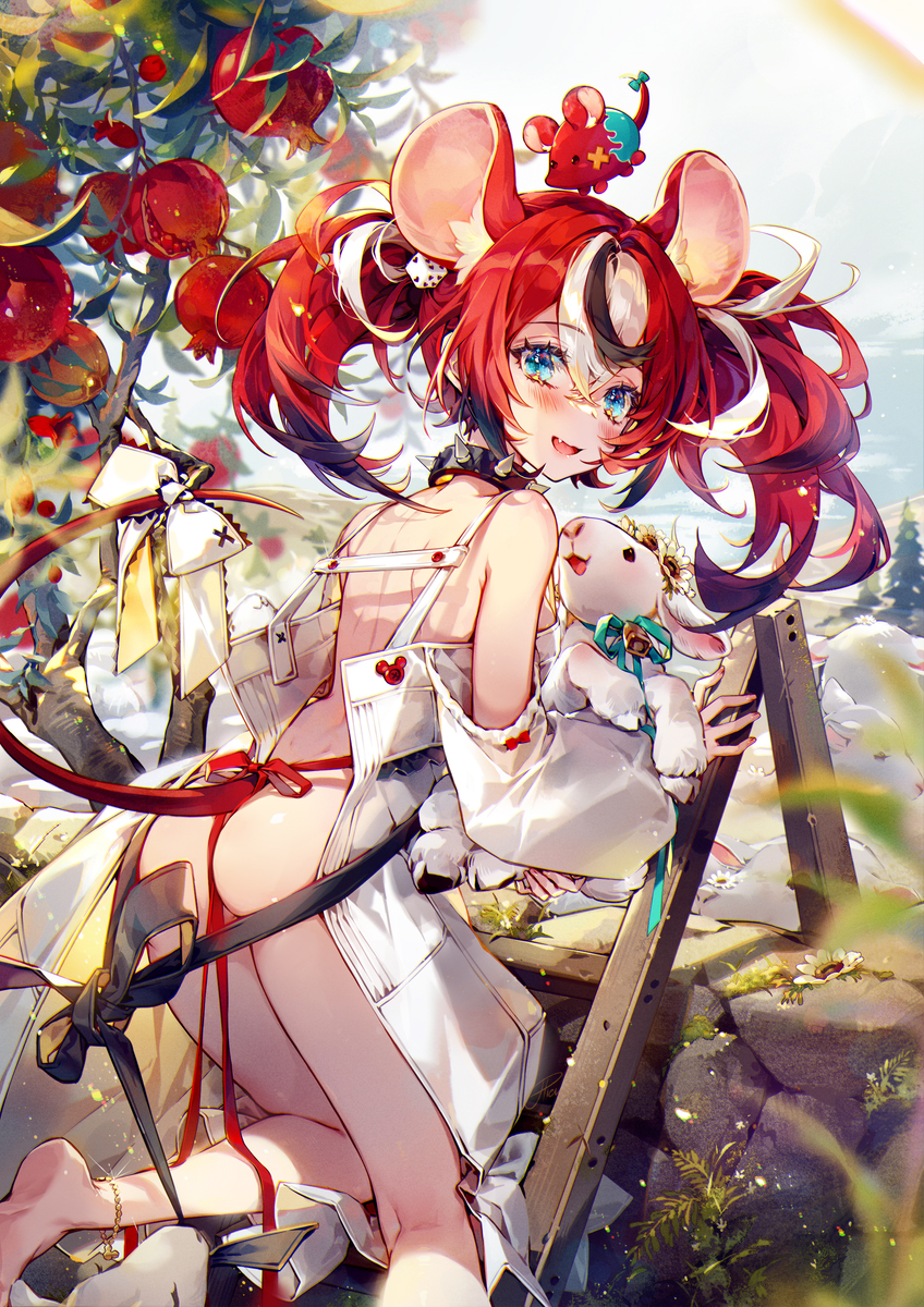 1girl :d animal animal_ears anklet apron ass back bare_shoulders barefoot black_hair black_skirt blue_eyes blush bow collar colored_tips commentary day dice_hair_ornament fang food fruit goat hair_between_eyes hair_ornament hakos_baelz hieihirai highres hololive hololive_english huge_ass jewelry kneeling long_hair looking_at_viewer looking_back median_furrow mouse mouse_ears mouse_girl mouse_tail mr._squeaks_(hakos_baelz) multicolored_hair naked_apron open_mouth outdoors pomegranate red_hair red_ribbon ribbon shiny_skin shoulder_blades skirt smile soles solo spiked_collar spikes streaked_hair tail tail_bow tail_ornament tree twintails uneven_twintails virtual_youtuber white_bow white_hair