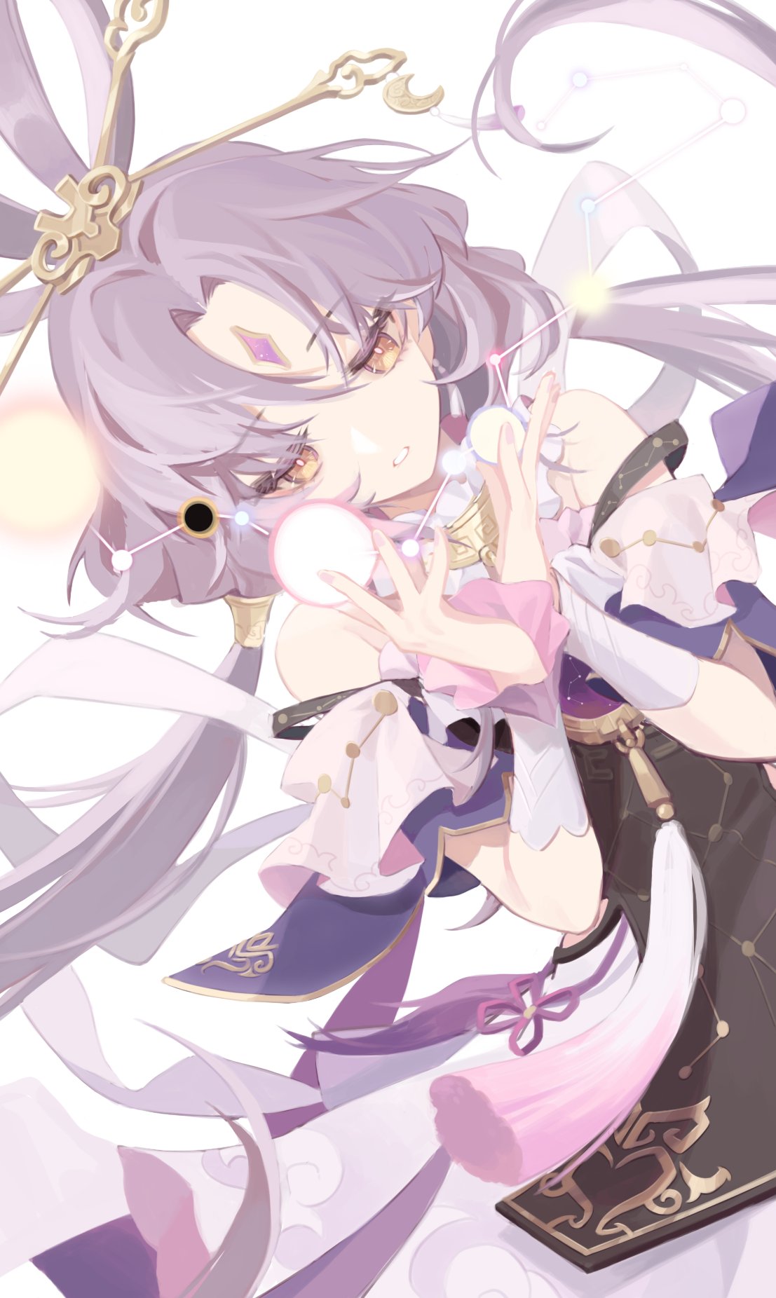 1girl constellation detached_sleeves dress forehead_jewel fu_xuan_(honkai:_star_rail) gem gloves hair_ornament hair_rings hair_stick hands_up highres honkai:_star_rail honkai_(series) jewelry long_hair necklace parted_lips pink_hair pink_nails purple_gemstone ri_eul_fd simple_background solo tassel very_long_hair white_background white_dress white_gloves yellow_eyes