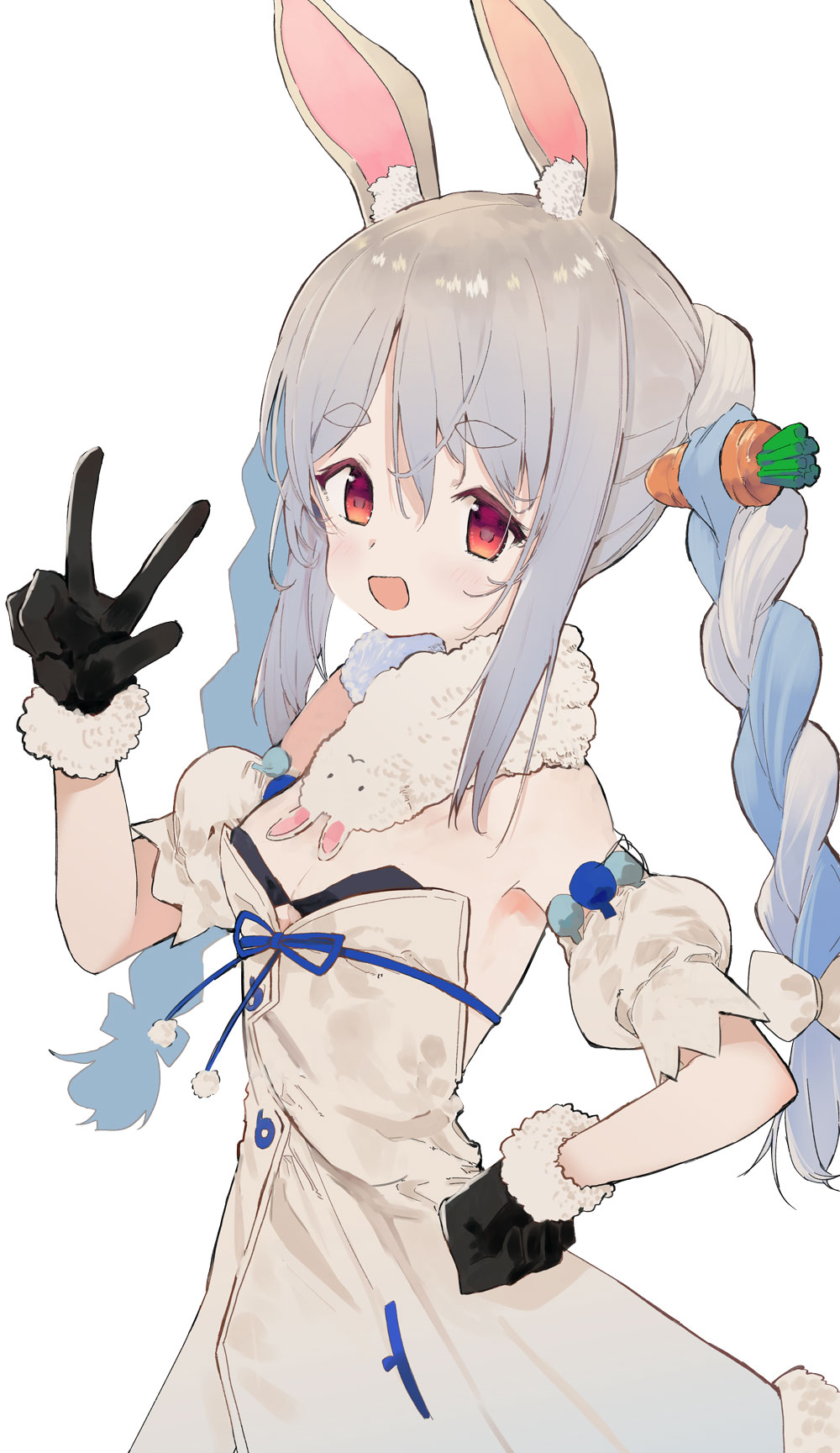 1girl :d animal_ear_fluff animal_ears bare_shoulders black_gloves black_leotard blue_hair bow braid breasts carrot_hair_ornament commentary_request detached_sleeves don-chan_(usada_pekora) dress food-themed_hair_ornament fur-trimmed_jacket fur_trim gloves grey_hair hair_between_eyes hair_bow hair_ornament hand_on_own_hip highres hololive jacket leotard long_hair looking_at_viewer mieharu multicolored_hair puffy_short_sleeves puffy_sleeves rabbit_ears red_eyes short_eyebrows short_sleeves simple_background small_breasts smile solo strapless strapless_dress strapless_leotard thick_eyebrows twin_braids twintails two-tone_hair usada_pekora very_long_hair virtual_youtuber white_background white_bow white_dress white_sleeves