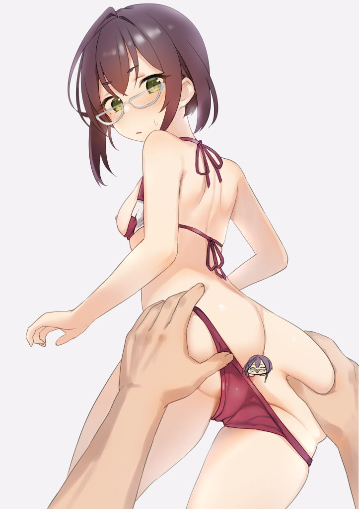 1girl ass ass_grab back bare_shoulders bikini bikini_pull blush breasts breasts_out brown_hair censored character_censor clothes_pull cowboy_shot from_behind glasses green_eyes grey-framed_eyewear hair_between_eyes kantai_collection light_blush looking_at_viewer looking_back medium_breasts novelty_censor okinami_(kancolle) open_mouth pov pov_hands red_bikini sakieko semi-circular_eyewear short_hair simple_background solo_focus swimsuit white_background