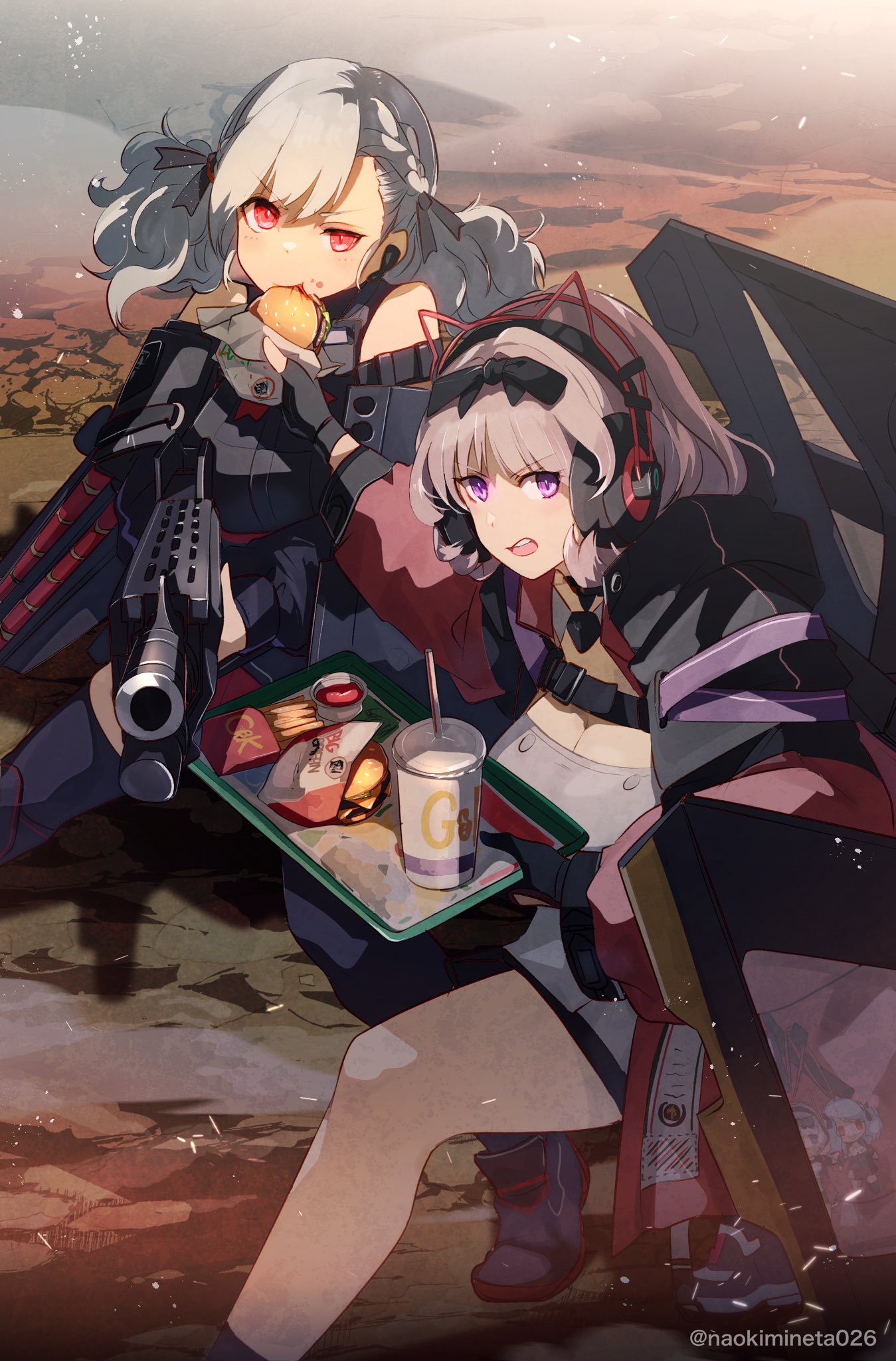 2girls aiming aiming_at_viewer asymmetrical_bangs black_gloves black_jacket black_ribbon blush braid breasts burger character_doll cleavage commentary_request cup disposable_cup dress earpiece eating fighting_stance fingerless_gloves food food_on_face food_wrapper french_fries girls'_frontline gloves grey_hair griffin_&amp;_kryuger gun hair_ribbon half-closed_eye headphones highres holding holding_tray jacket ketchup keychain large_breasts long_hair looking_at_viewer mineta_naoki multiple_girls open_clothes open_jacket open_mouth outdoors pump_action purple_eyes red_eyes ribbon shield shield_module shoes short_hair shotgun sleeveless sneakers socks spas-12 spas-12_(girls'_frontline) spas-15_(girls'_frontline) thighhighs tray twintails weapon white_dress
