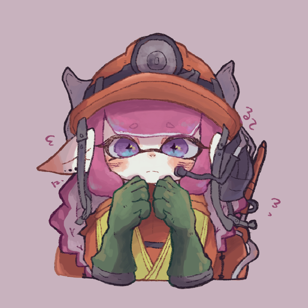 1girl blush closed_mouth cross-shaped_pupils earrings frown gloves green_gloves hard_hat harinezumisan12 helmet high-visibility_vest inkling inkling_girl jewelry jumpsuit looking_at_viewer pointy_ears purple_eyes red_headwear rubber_gloves salmon_run_(splatoon) simple_background solo splatoon_(series) straight-on symbol-shaped_pupils upper_body