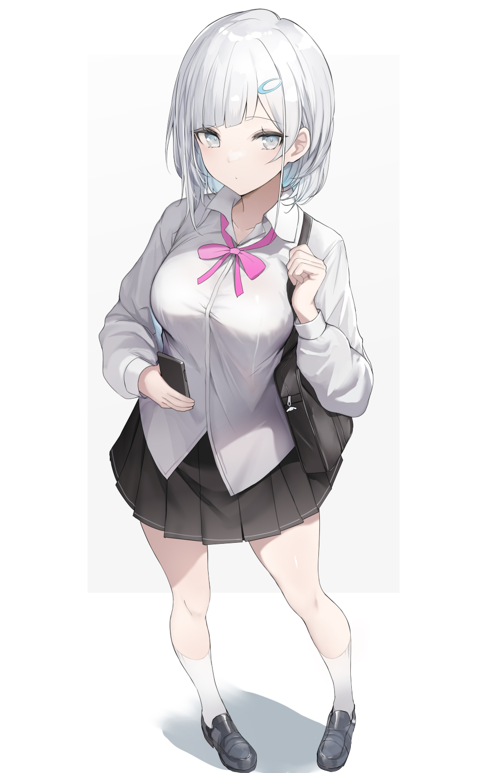 1girl bangs blush breasts full_body grey_eyes highres large_breasts long_sleeves looking_at_viewer luse_maonang original short_hair skirt solo white_hair