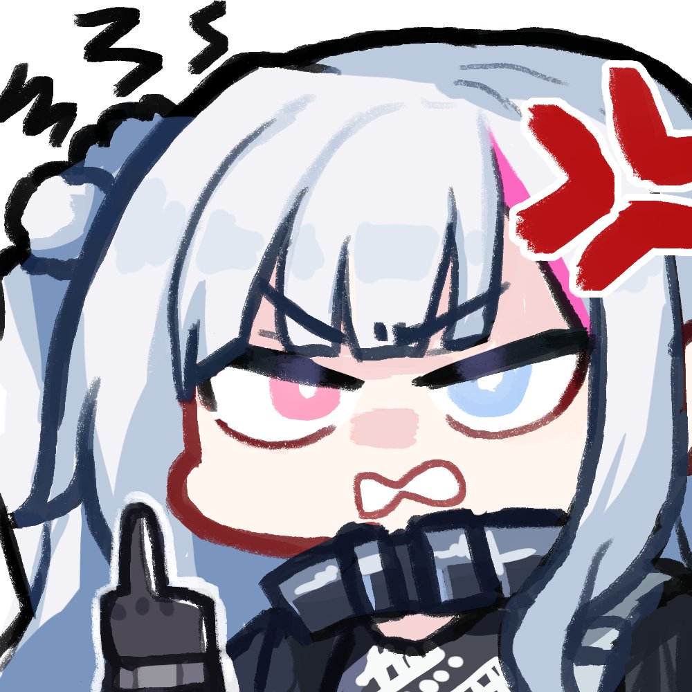 1girl anger_vein angry black_gloves blue_eyes chibi commentary_request girls'_frontline girls'_frontline_neural_cloud gloves hair_bobbles hair_ornament heterochromia kuro_(girls'_frontline_nc) long_hair looking_at_viewer mdr_(girls'_frontline) middle_finger one_side_up open_mouth pink_eyes simple_background solo white_background white_hair yanggaengwang