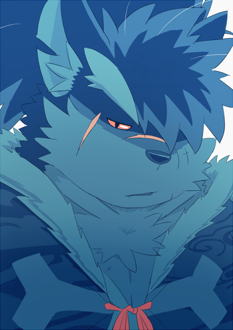 anthro bust_portrait canid canine canis domestic_dog hair hair_over_eye lifewonders long_hair male mammal one_eye_obstructed pink_eyes ponytail portrait ren_izayoi scar shino_(housamo) solo tokyo_afterschool_summoners