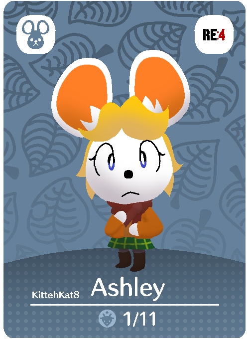 2023 amiibo amiibo_card animal_crossing anthro ashley_graham_(resident_evil) black_eyelashes black_nose blonde_hair blue_eyes boots bottomwear brown_boots brown_clothing brown_footwear brown_scarf capcom card closed_frown clothing english_text eyelashes featureless_hands female footwear frown fur green_bottomwear green_clothing green_skirt hair inner_ear_fluff kittehoddkat leaf logo looking_at_viewer mammal mouse moushley mouth_closed murid murine nintendo orange_clothing orange_inner_ear orange_sweater orange_topwear pupils resident_evil rodent scarf short_hair skirt solo style_parody sweater text topwear tuft white_body white_ears white_fur white_inner_ear_fluff white_pupils