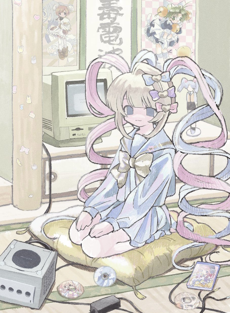 1girl blonde_hair blue_bow blue_eyes blue_footwear blue_hair blue_shirt blue_skirt bow cable cd chouzetsusaikawa_tenshi-chan dejiko di_gi_charat figure game_console gamecube hair_bow hair_ornament hands_on_own_legs heart heart_hair_ornament highres indoors long_hair long_sleeves monitor multicolored_hair needy_girl_overdose o_(pottypottp) pink_bow pink_hair pleated_skirt poster_(object) purple_bow quad_tails sailor_collar school_uniform serafuku shirt sitting sitting_on_pillow skirt solo tatami twintails very_long_hair wariza yellow_bow