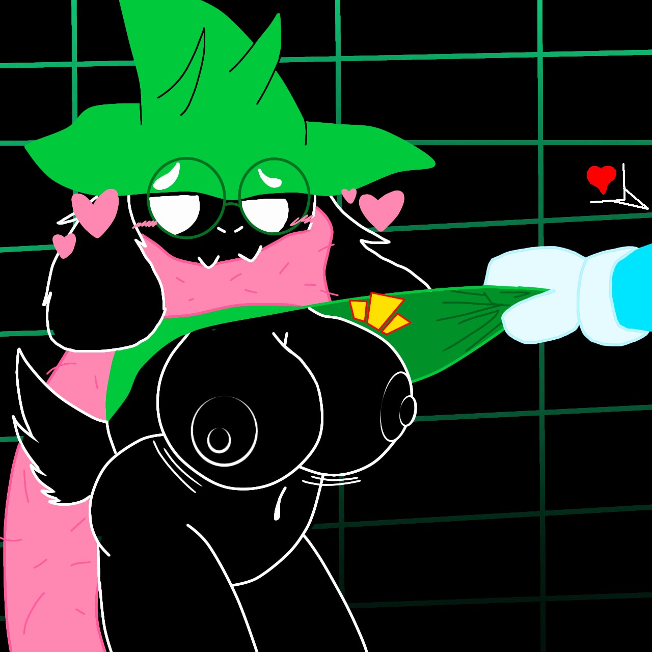 &lt;3 ambiguous_gender anthro big_breasts black_body blush bovid breasts caprine clothed clothing clothing_lift crossgender darkner deltarune duo exposed_breasts eyewear fangs glasses goat hat headgear headwear hi_res horn human kris_(deltarune) looking_away male mammal navel nipples ralsei robe scarf sincitadel smile teeth undertale_(series)