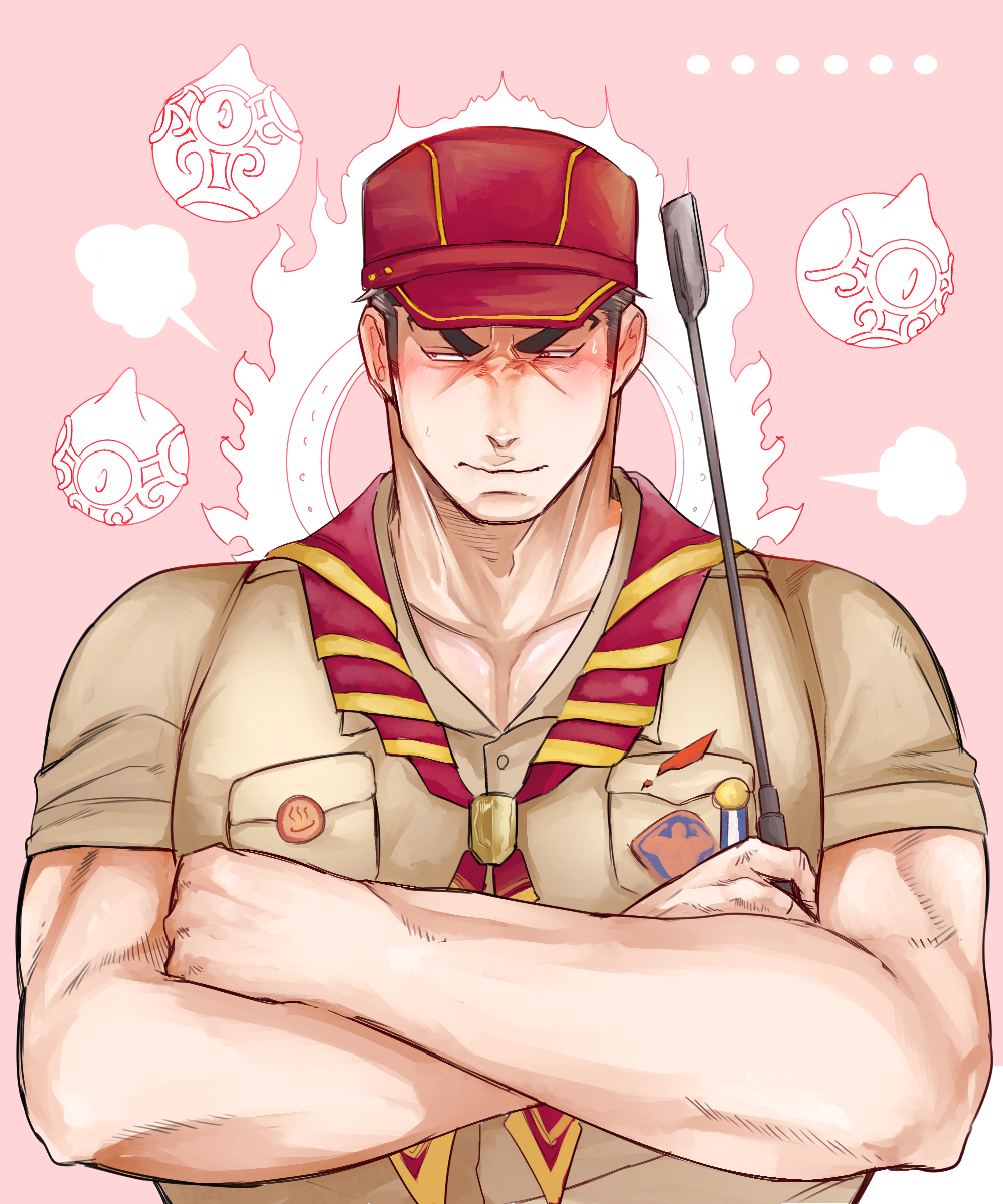 ... 1boy aizen_(housamo) averting_eyes bara baseball_cap black_hair blush camping crossed_arms frown hat highres itaru_(kidomh63) large_pectorals long_sideburns looking_to_the_side male_focus mature_male muscular muscular_male official_alternate_costume pectoral_cleavage pectorals pink_background short_hair shy sideburns solo thick_eyebrows tokyo_afterschool_summoners tsundere upper_body wrinkled_skin