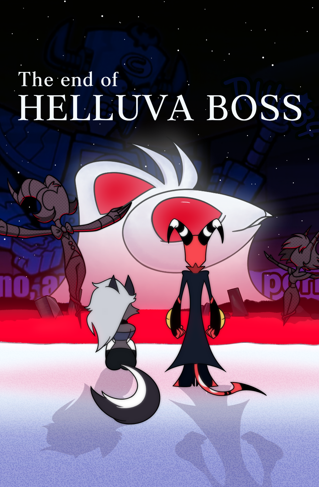 animal_humanoid anthro avian bird black_hair blitzo_(helluva_boss) canid canid_demon canine clothed clothing collar demon female fur hair hellhound helluva_boss hi_res horn humanoid imp juanp1arts loona_(helluva_boss) male mammal mammal_humanoid meme millie_(helluva_boss) moxxie_(helluva_boss) open_mouth owl owl_demon red_body red_eyes red_sclera red_skin smile stolas_(helluva_boss) tail text white_body white_fur