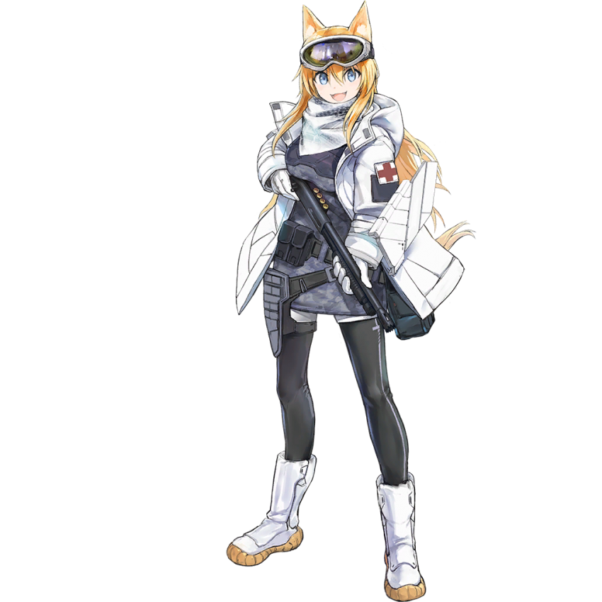 1girl animal_ears bag blonde_hair blue_eyes boots coat codename:_bakery_girl dog_ears dog_girl dog_tail duffel_coat girls'_frontline gloves gun m500_(girls'_frontline) mossberg_500 official_alternate_costume official_art pump_action reverse_collapse_(series) shotgun solo spoilers tail weapon white_gloves