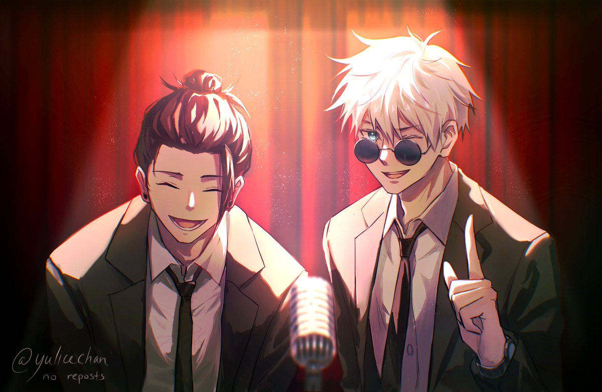 2boys ;d ^_^ artist_name black_hair black_jacket black_necktie blue_eyes closed_eyes collared_shirt commentary curtains dress_shirt earrings english_commentary getou_suguru gojou_satoru hair_between_eyes hair_bun hand_up index_finger_raised jacket jewelry jujutsu_kaisen lapels laughing long_sleeves looking_at_viewer looking_over_eyewear male_focus microphone multiple_boys necktie one_eye_closed open_clothes open_jacket open_mouth round_eyewear round_teeth shirt short_hair single_hair_bun smile spotlight stage_curtains sunglasses teeth twitter_username upper_body upper_teeth_only watch white_hair white_shirt wing_collar wristwatch yulicechan