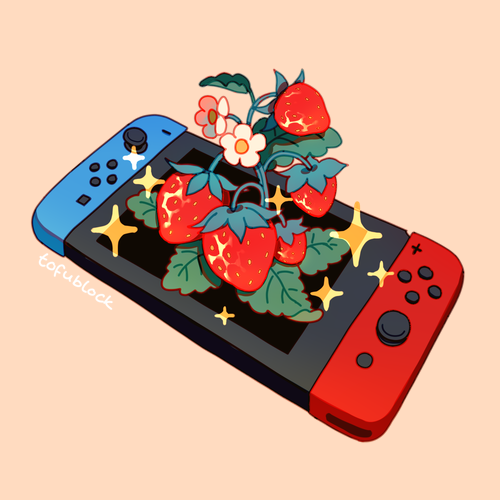 artist_name commentary english_commentary flower food fruit handheld_game_console jauni_(tofublock) leaf lowres nintendo_switch no_humans orange_background original plant simple_background sparkle still_life strawberry strawberry_blossoms strawberry_plant white_flower