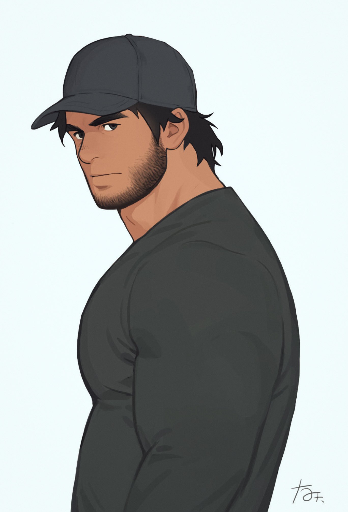 1boy asgar_(youtian) bara baseball_cap beard_stubble black_hair black_shirt dark-skinned_male dark_skin expressionless hat highres ji_peng_gou_you large_pectorals looking_at_another looking_to_the_side male_focus mature_male muscular muscular_male pectorals shirt short_hair solo t-shirt thick_eyebrows thick_neck tight_clothes tight_shirt turning_head upper_body white_background youtian_(youtiange)