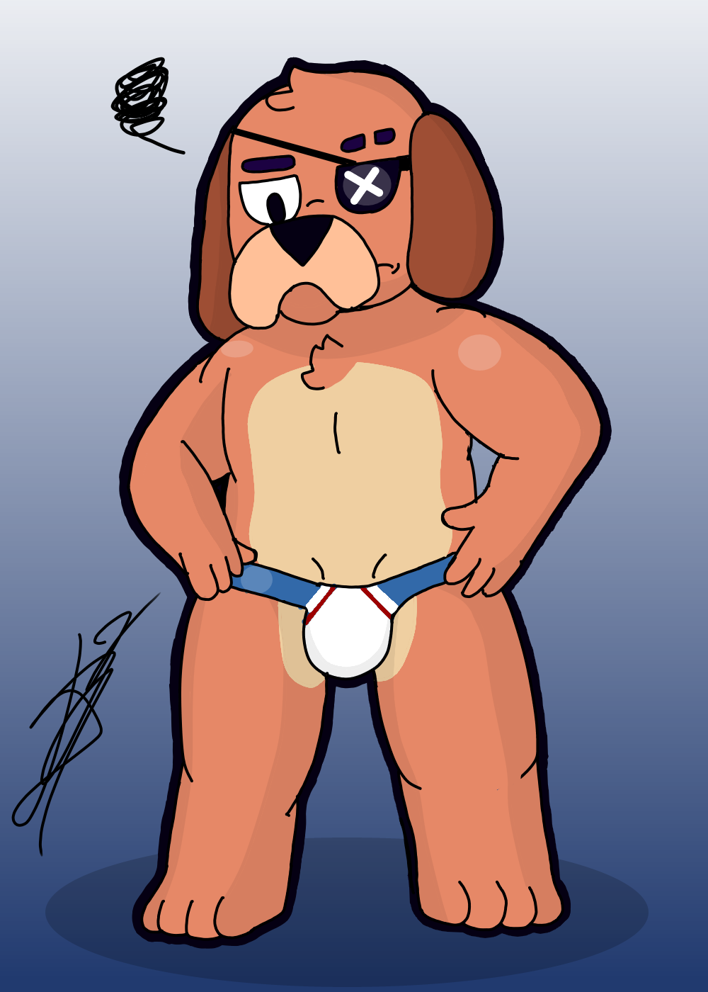 4_fingers anthro black_eyes black_nose body_hair brawl_stars brown_body brown_ears brown_fur bulge canid canine chest_hair clothing colonel_ruffs d13w0tt(artist) eye_patch eyebrow_cut eyewear fingers fur hi_res jockstrap long_ears looking_down male mammal multicolored_body pattern_clothing simple_background solo striped_clothing stripes two_tone_body underwear upset