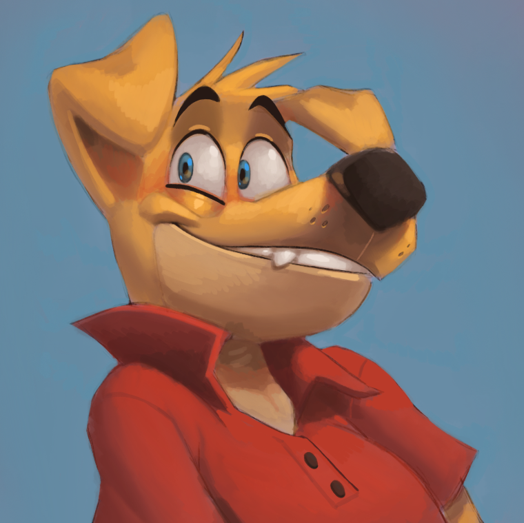 2023 anthro black_nose blonde_hair blue_background button_(fastener) canid canine canis clothed clothing concupisco domestic_dog doritohead fangs fur hair happy looking_away male mammal red_clothing shirt simple_background smile snout solo teeth topwear wally_pembroke yellow_body yellow_fur