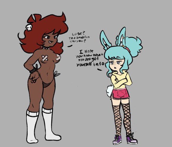 animal_humanoid anthro big_butt big_penis bikini bikini_bottom blue_eyes blue_hair bottomwear bulge butt clothed clothing clothing_bulge collar dark_eyes duo ear_accessory female fishnet fishnet_clothing fishnet_legwear fluffy fluffy_tail footwear genitals hair hoodie human humanoid lagomorph lagomorph_humanoid legwear leporid male male/female mammal mammal_humanoid mellow_uni oblivious partially_clothed pasties penis rabbit red_hair shoes shorts skull_accessory socks spiked_collar spikes swimwear tail thick_thighs tied_hair topless topwear unimpressed white_clothing white_footwear white_socks