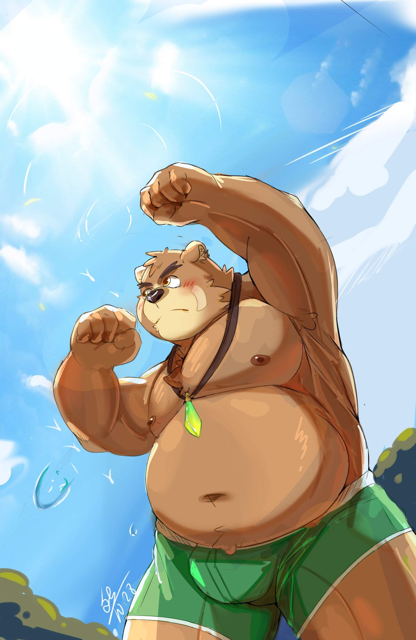 2023 anthro bear belly big_belly blush bottomwear brown_body bulge clothing hi_res humanoid_hands kemono lifewonders male mammal moobs nipples outside overweight overweight_male shorts solo sun tengzai05 tokyo_afterschool_summoners volos