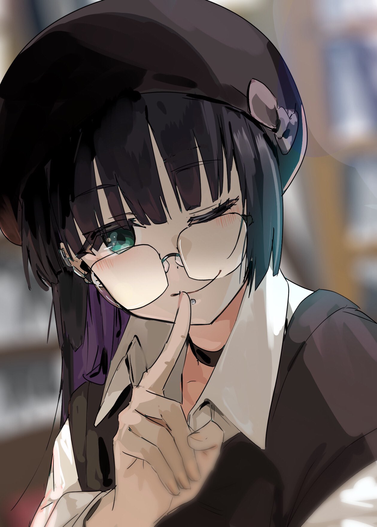 1girl black_choker black_hair black_headwear black_sweater_vest blurry blurry_background blush bocchi_the_rock! chin_piercing choker collared_shirt colored_inner_hair commentary_request earclip earrings finger_to_mouth funi_mu9 glasses green_eyes highres jewelry long_hair looking_at_viewer multicolored_hair one_eye_closed pa-san purple_hair shirt solo sweater_vest upper_body white_shirt